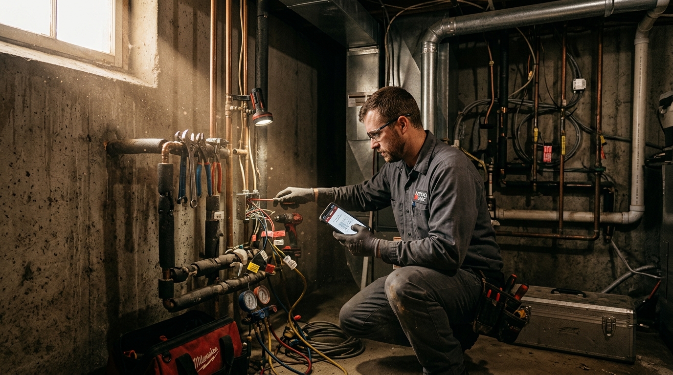 Contractor working in concrete basement with headlamp and phone with no cellular signal