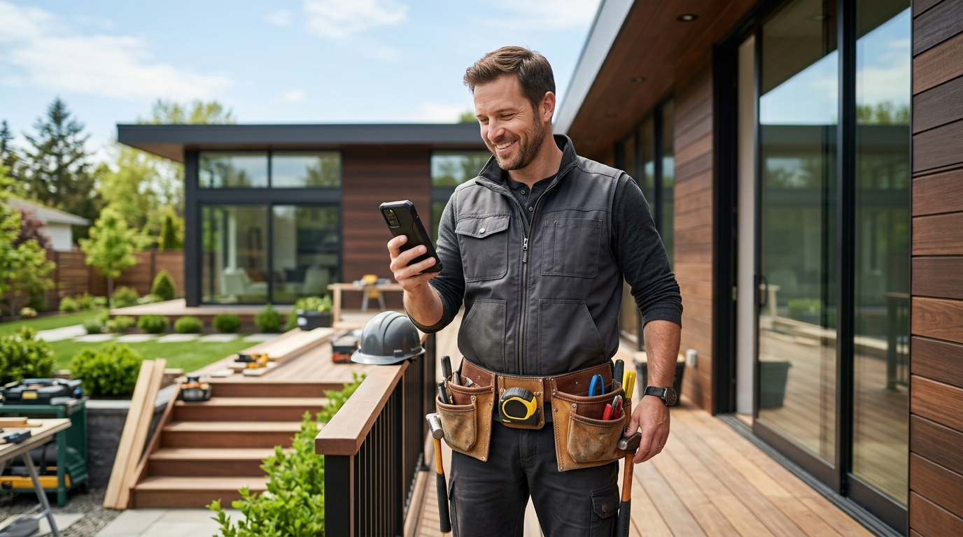 Professional contractor smiling on job site with smartphone sending estimate
